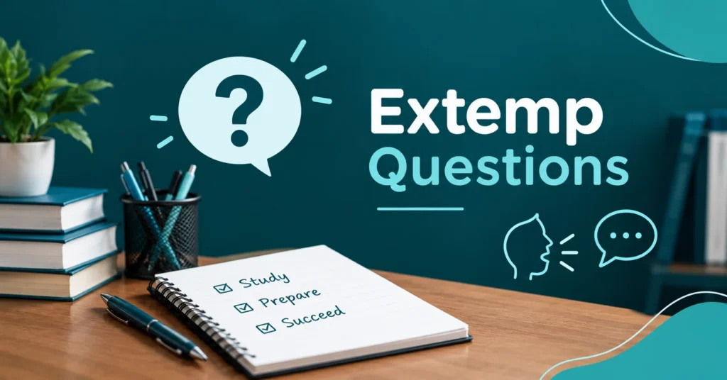 Extemp Questions educational graphic with books, notebook, speech bubble, and question mark in a modern teal design