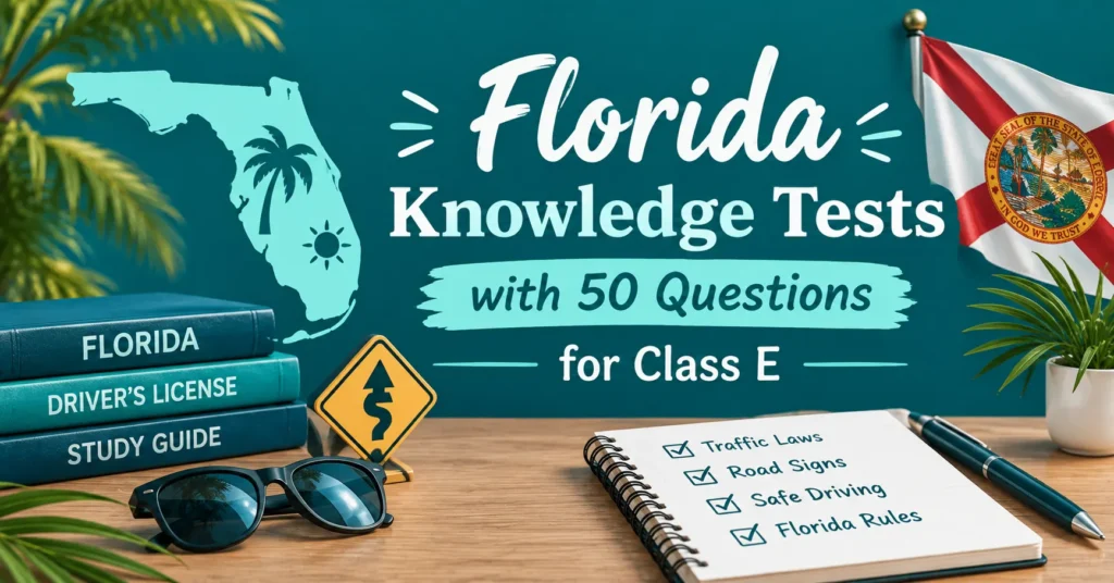 Florida knowledge tests with 50 questions for Class E, featuring a Florida map, driver’s license study books, road sign, and checklist notebook.