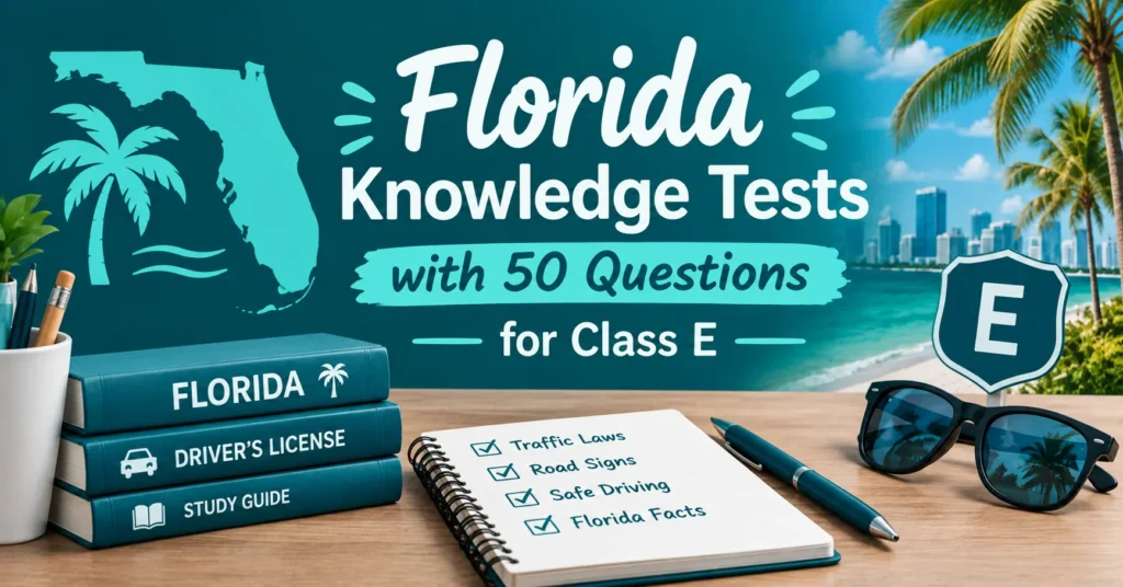 Florida knowledge tests with 50 questions for Class E, featuring a Florida map, palm trees, study books, road-themed icons, and a checklist.