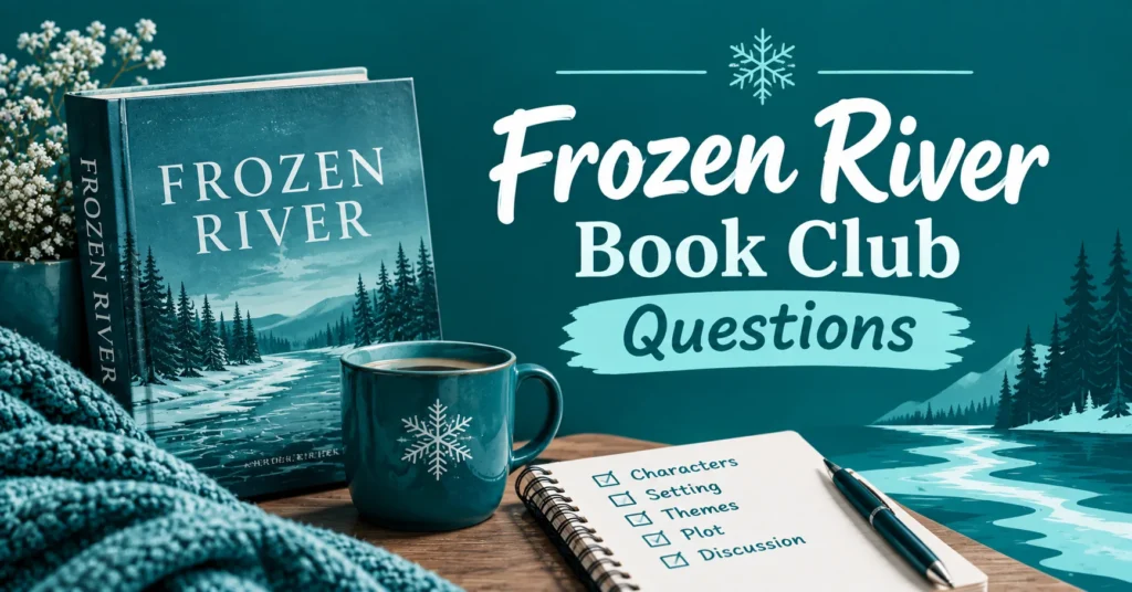 Frozen River book club questions with a winter book, snowflake mug, icy river landscape, and discussion checklist.