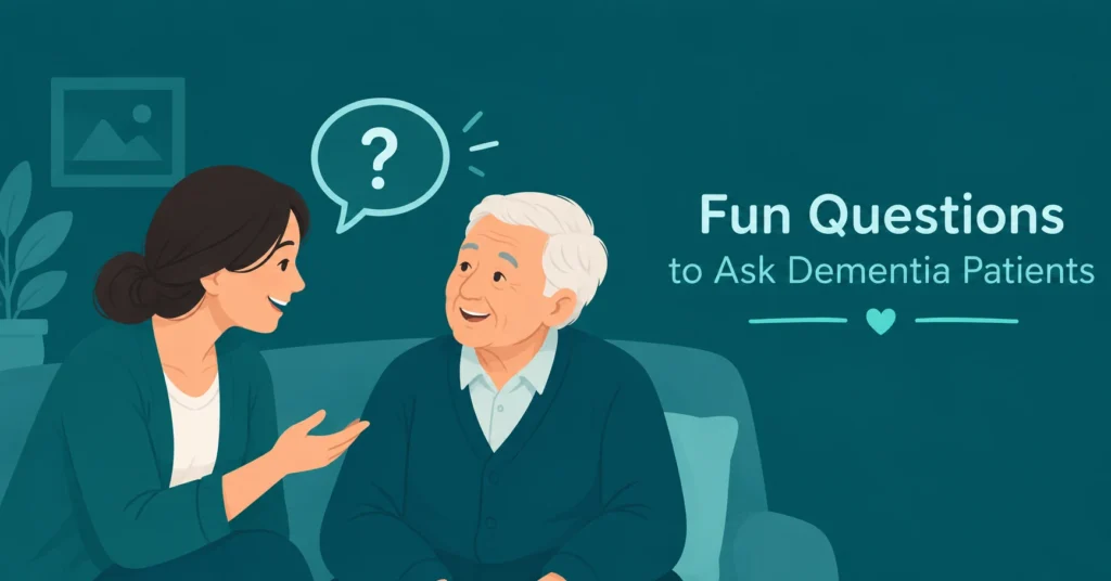 Fun questions to ask dementia patients with a caregiver having a friendly conversation with an elderly man in a calm teal setting.