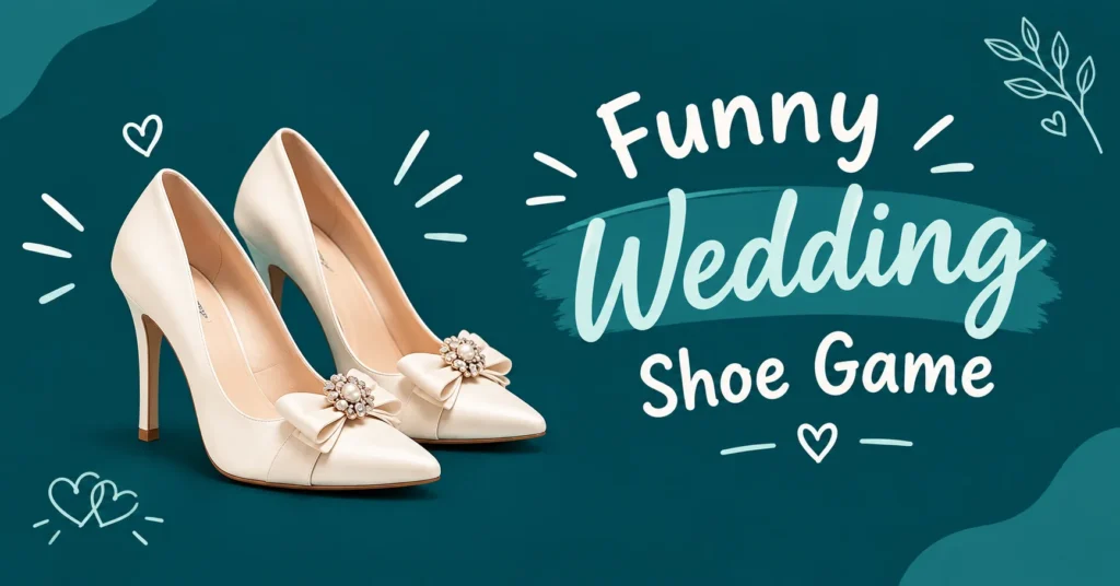 Funny wedding shoe game with bridal heels and playful wedding-themed design on a deep teal background.