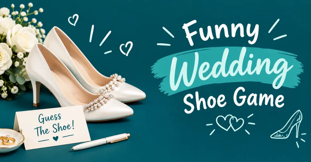 Funny wedding shoe game graphic featuring bridal shoes, wedding flowers, rings, and a “Guess the Shoe” card on a teal background.