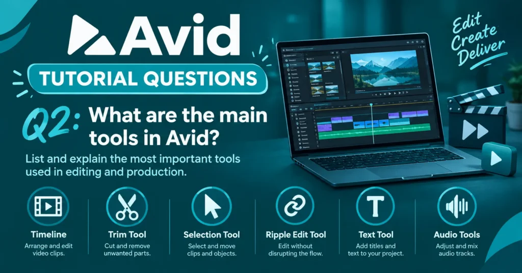 Avid tutorial graphic showing the main Avid video editing tools, including timeline, trim, selection, ripple edit, text, and audio tools