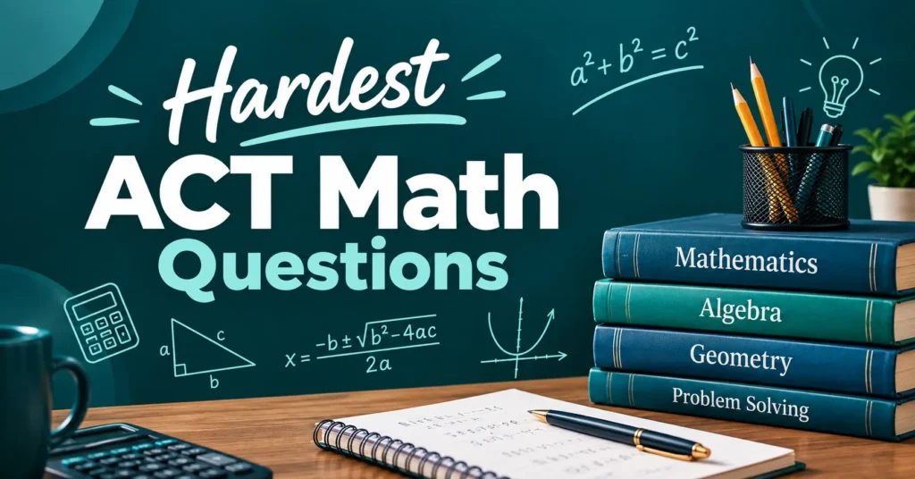 Hardest ACT Math Questions infographic with advanced formulas, calculator, math books, and study notes.