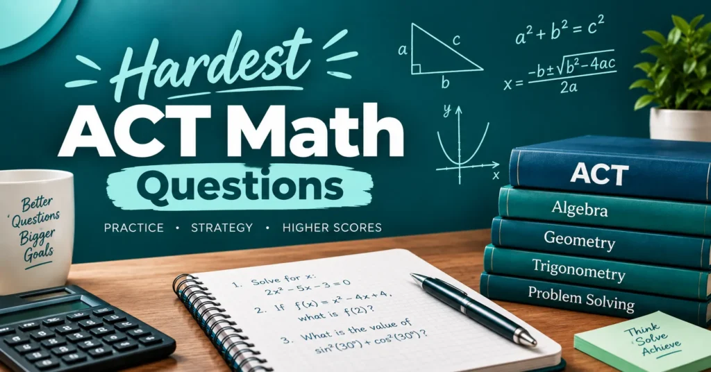 Hardest ACT Math Questions study graphic featuring algebra, geometry, trigonometry, calculator, and challenging practice problems.