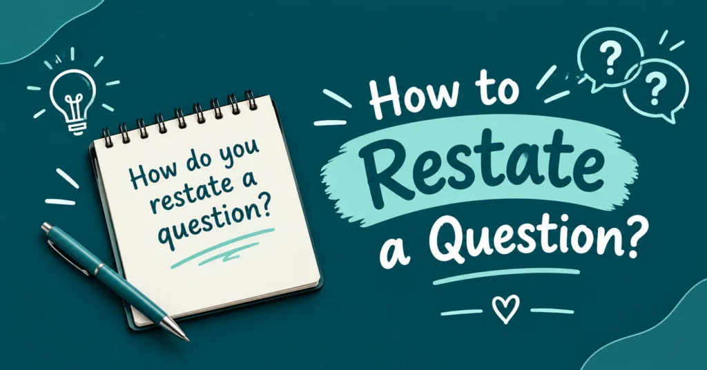 How to restate a question infographic with a notebook, pen, question marks, and lightbulb on a deep teal background.