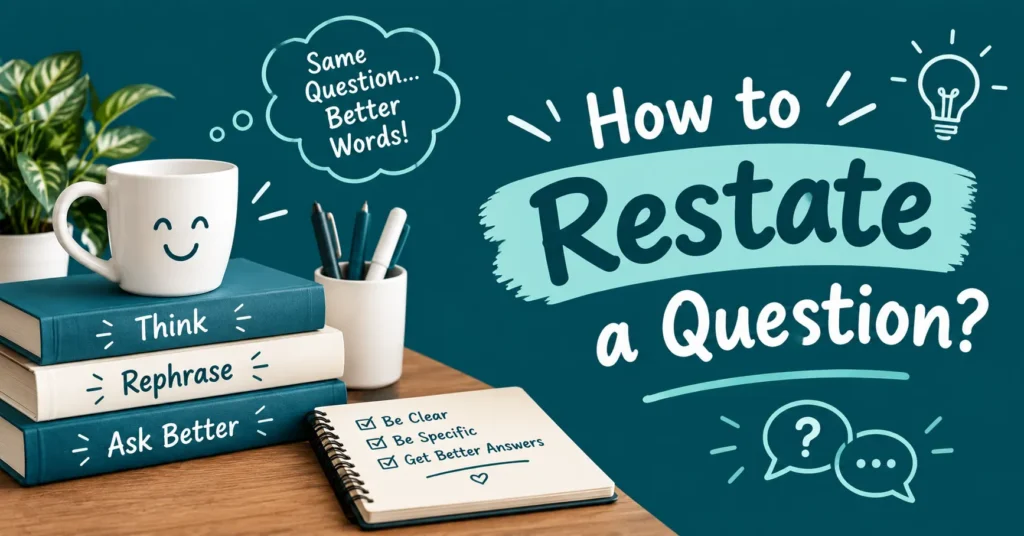 How to restate a question graphic showing rephrasing ideas, books, notebook, and question-themed icons on a deep teal background.