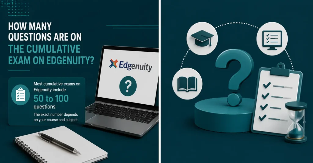 Edgenuity cumulative exam infographic with a question mark, laptop, checklist, graduation cap, book, and hourglass