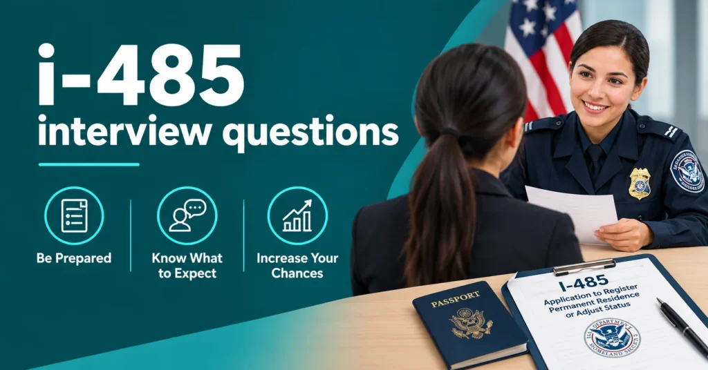 i-485 interview questions guide with a USCIS interview scene, passport, I-485 application, and preparation checklist.