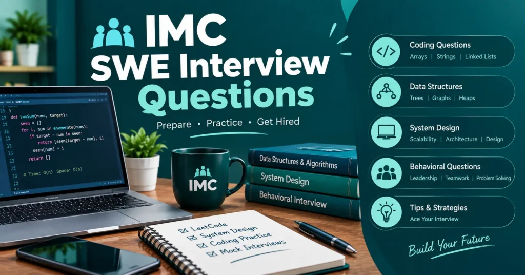 IMC SWE interview questions infographic featuring coding, data structures, system design, behavioral questions, and interview preparation.