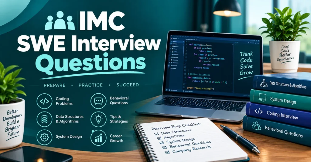 IMC SWE interview questions graphic with laptop coding, interview prep checklist, algorithms, system design, and career growth topics.