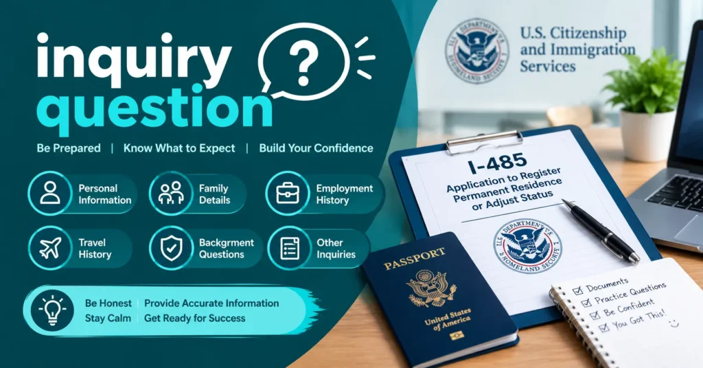 inquiry question guide showing an I-485 application, U.S. passport, checklist, USCIS office setting, and key interview preparation topics.