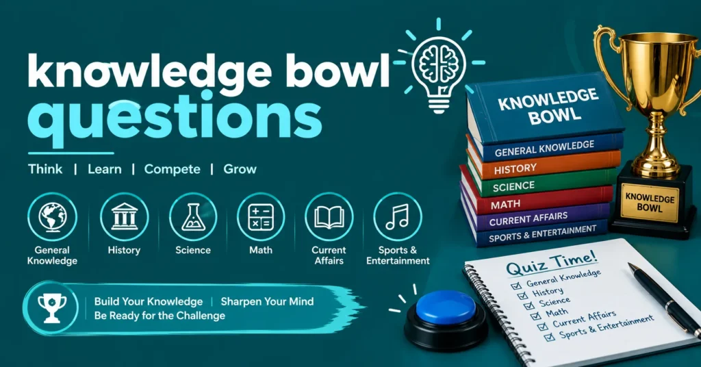 Knowledge Bowl Questions infographic featuring general knowledge, history, science, math, current affairs, sports, arts, technology, literature, and pop culture categories.