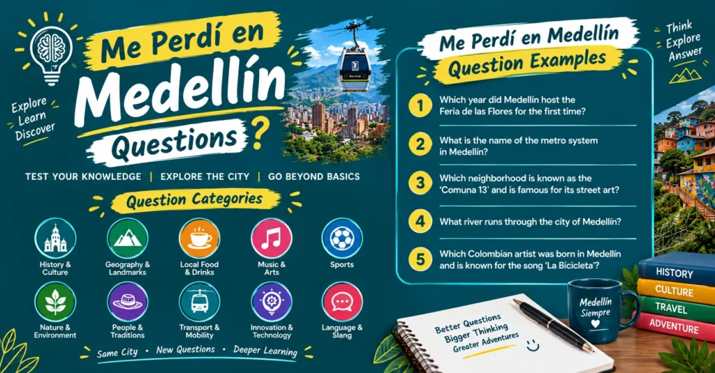 Me Perdí en Medellín Questions infographic featuring Medellín city views, Metrocable, travel categories, and quiz questions about the city’s culture, history, and landmarks.