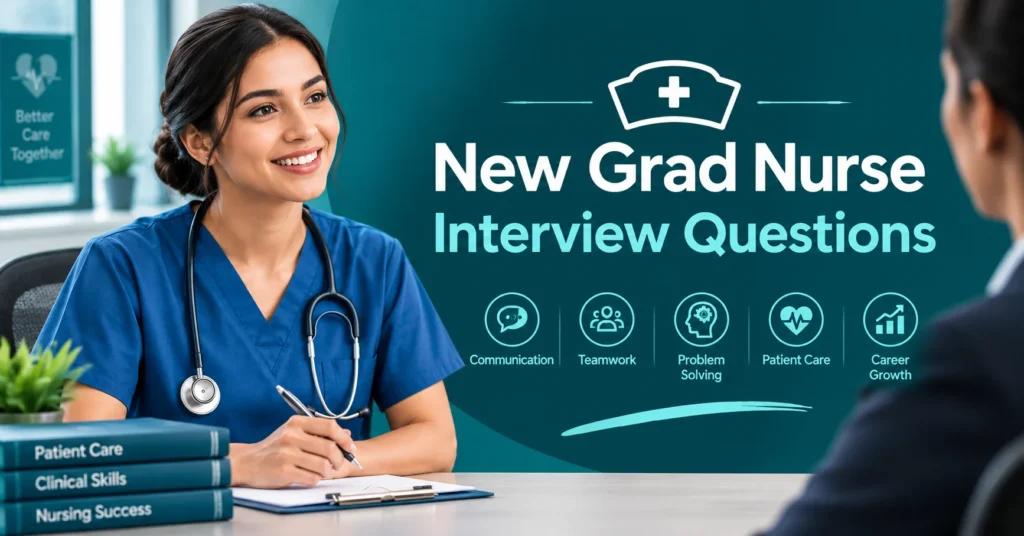 New grad nurse interview questions infographic featuring a nurse, interview icons, communication, teamwork, problem-solving, patient care, and career growth.