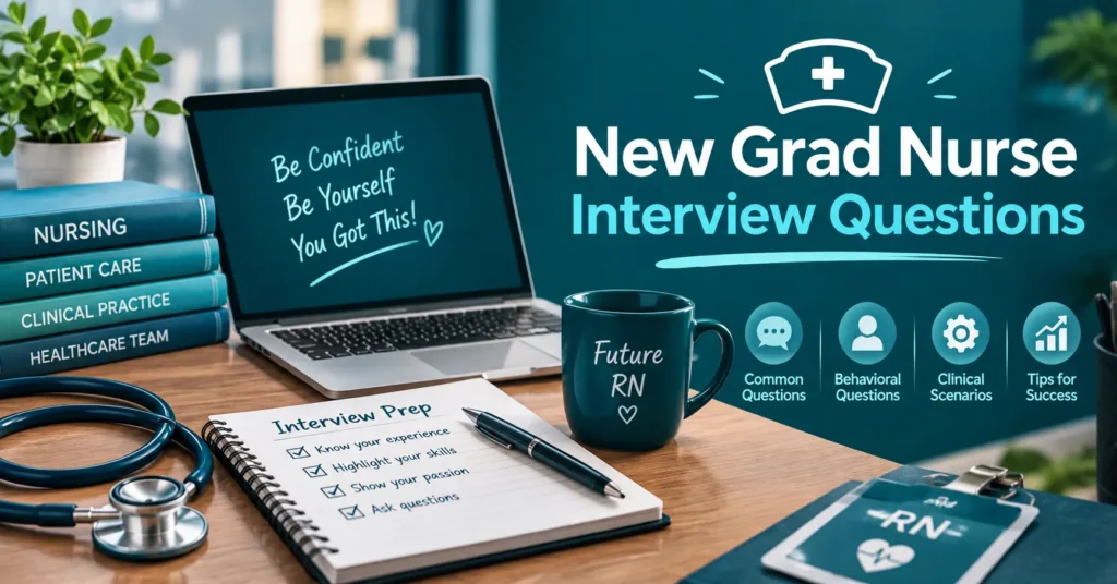 New grad nurse interview questions infographic with nursing books, laptop, stethoscope, interview prep checklist, Future RN mug, and interview tips.