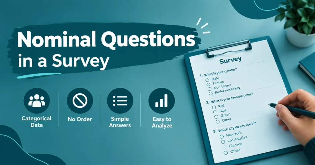 Nominal survey questions infographic with multiple-choice examples for gender, favorite color, and city.
