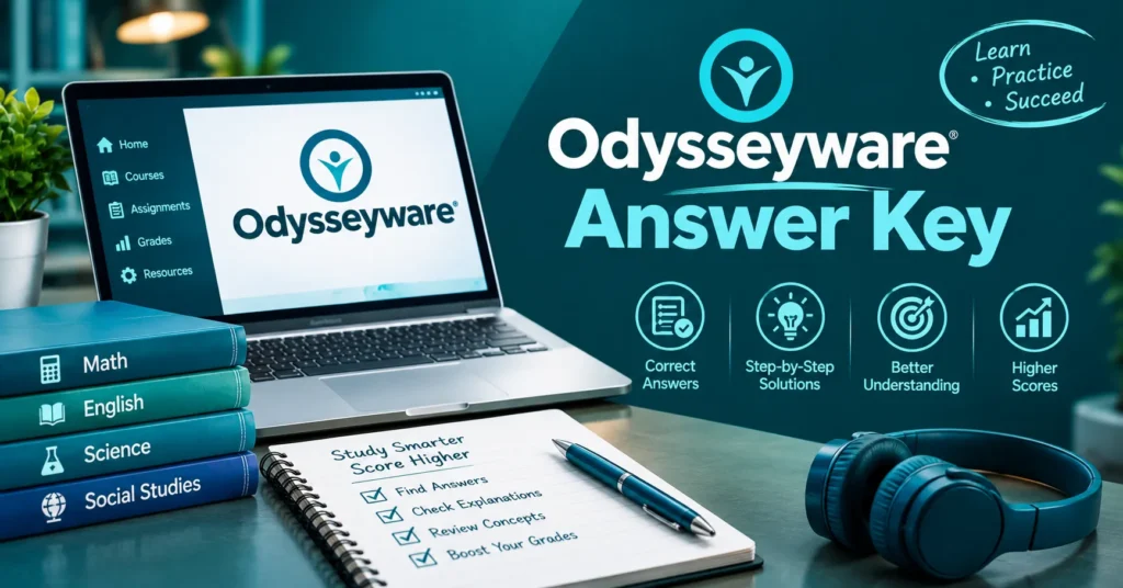 Odysseyware answer key infographic with a laptop, school books, study checklist, headphones, and icons for correct answers, solutions, understanding, and higher scores.
