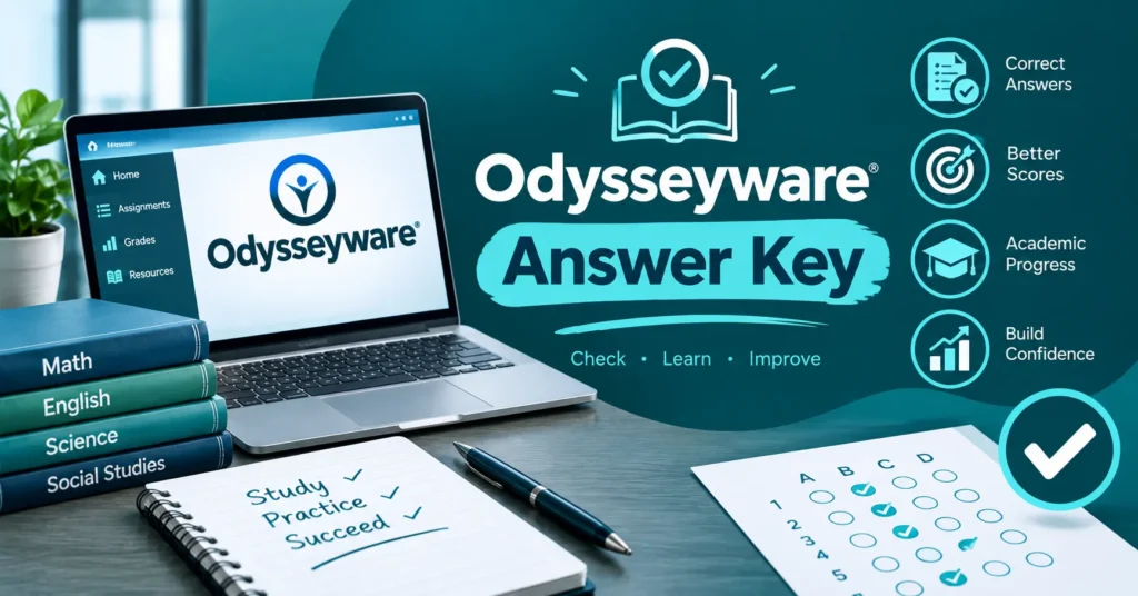 Odysseyware answer key educational graphic featuring a laptop, subject books, study notebook, answer sheet, checkmarks, and icons for academic progress and better scores.