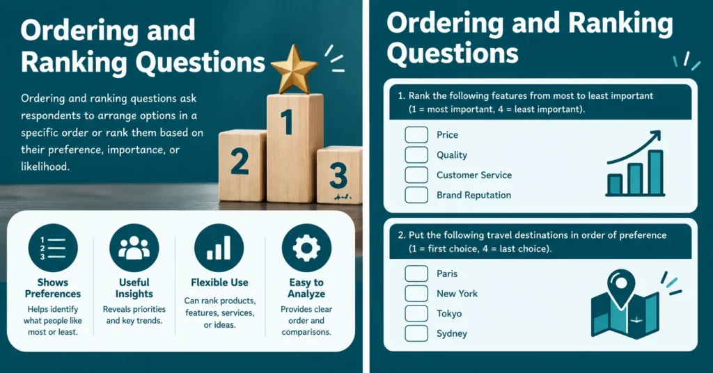 Ordering and ranking questions infographic showing ranked choices, numbered blocks, and survey examples.