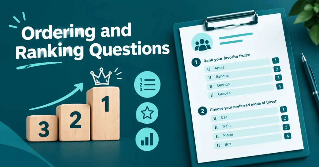 Ordering and ranking survey infographic with ranked fruit and travel preferences.