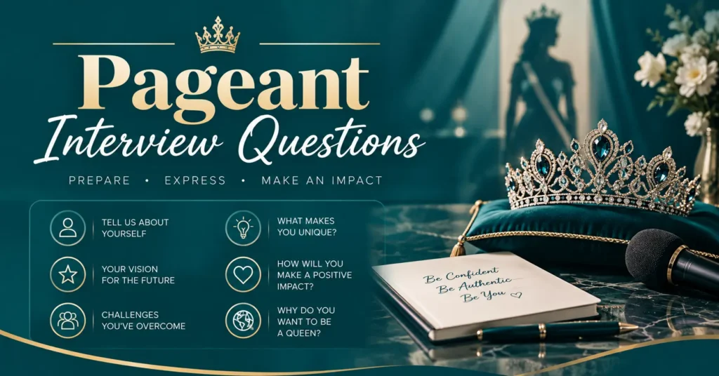 Pageant interview questions infographic featuring a jeweled crown, microphone, journal, and common pageant interview questions about personality, goals, challenges, impact, and leadership.