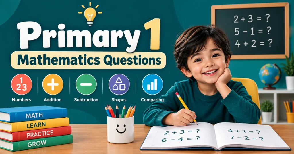 Primary 1 mathematics questions infographic with a child studying, covering numbers, addition, subtraction, shapes, size and comparing, and problem-solving.