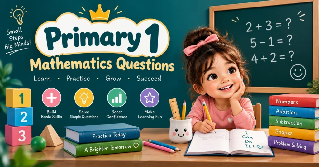 Primary 1 mathematics questions educational poster featuring a young student, math books, colorful numbers, and sample questions on numbers, addition, subtraction, shapes, and comparing.