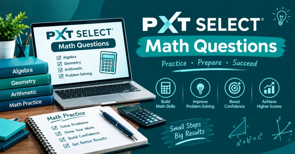 PXT Select math questions infographic with a laptop, calculator, math books, practice notebook, and icons for problem-solving, confidence, and higher scores.