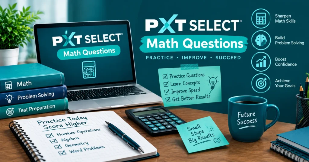 PXT Select math questions graphic featuring a laptop, calculator, study books, checklist notebook, sticky notes, and icons for math skills, practice, and achieving goals.