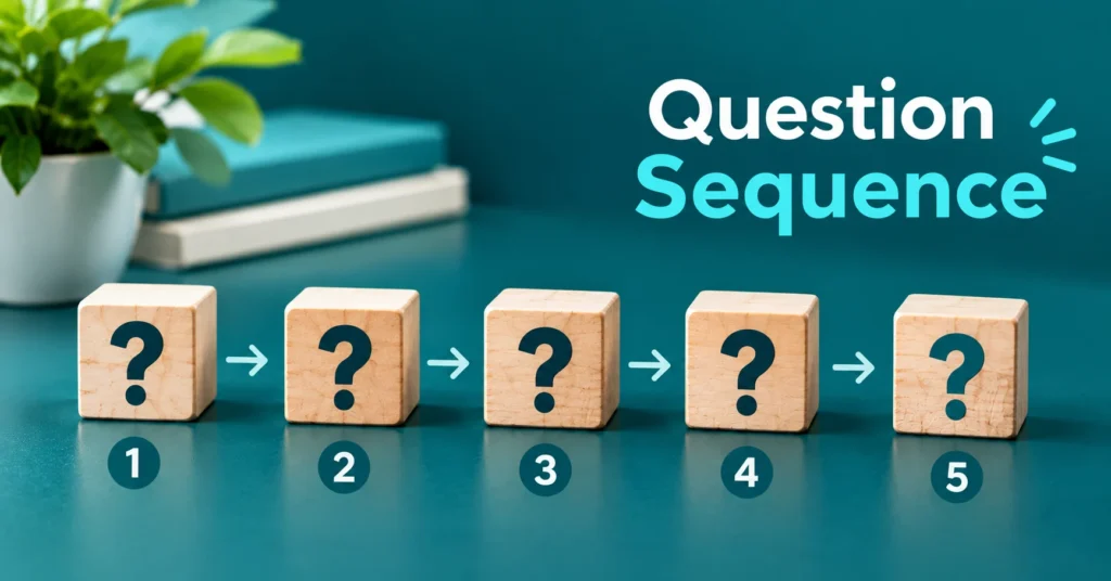 Question sequence showing five wooden question-mark blocks connected in order with arrows on a teal background.