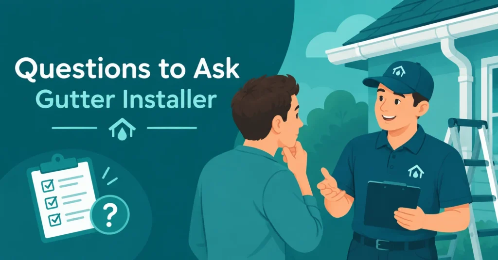 Questions to ask a gutter installer while discussing roof and gutter installation with a homeowner.