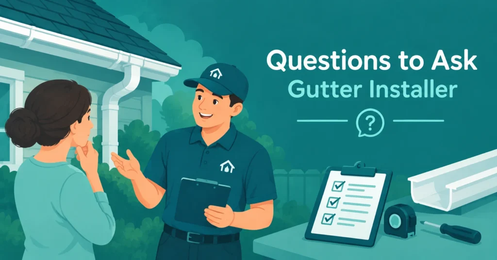 Questions to ask a gutter installer featuring a contractor, checklist, gutter section, and home exterior.