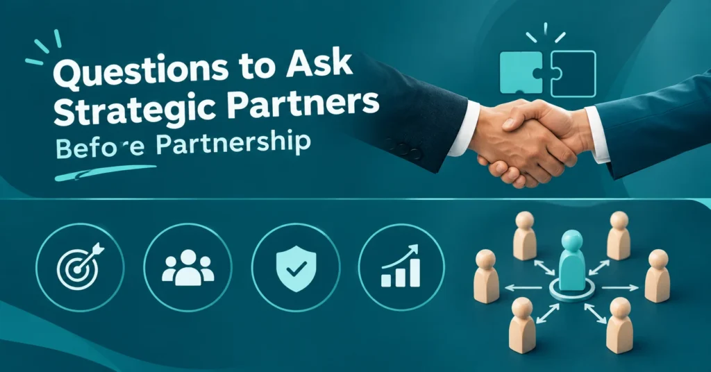 Questions to ask strategic partners before a partnership and lead referral, featuring handshake, trust, targeting, and business growth icons.