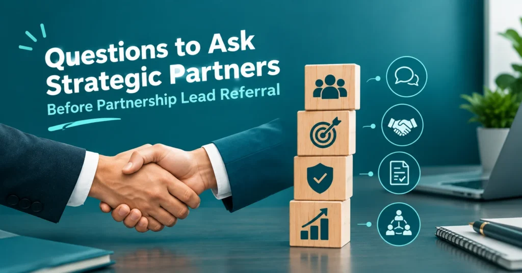 Strategic partnership lead referral infographic showing professional handshake, networking, trust, communication, and growth symbols.
