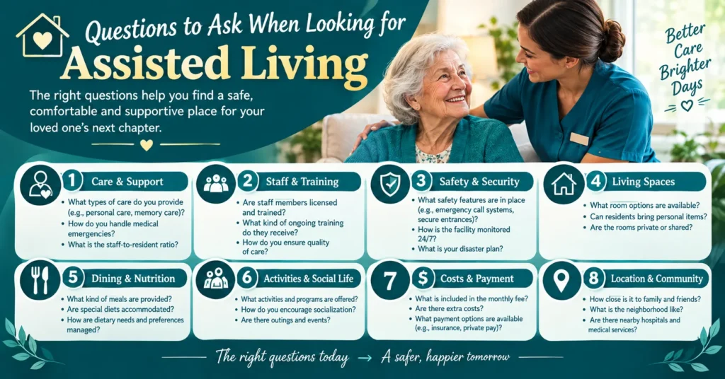 Questions to ask when looking for assisted living infographic featuring a senior and caregiver, with key topics including care, staff, safety, living spaces, dining, and costs.