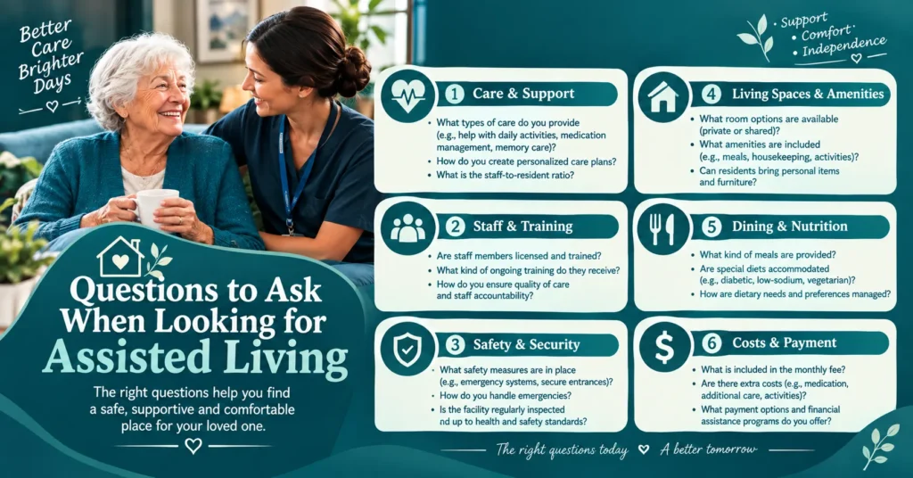 Assisted living questions infographic in a teal and cream design, highlighting care and support, staff training, safety, living spaces, dining, and payment questions.