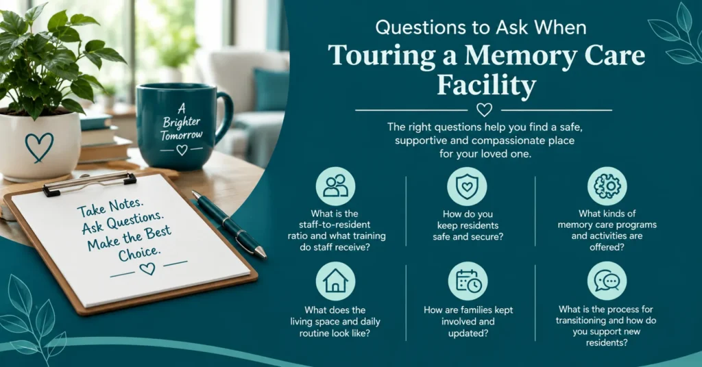 Questions to ask when touring a memory care facility, with a checklist highlighting staffing, resident safety, memory care programs, daily routines, family communication, and transition support.