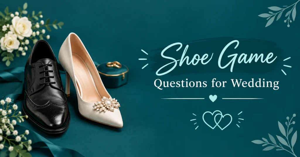 Shoe game questions for wedding with elegant black and ivory wedding shoes on a teal background.