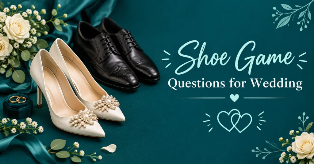 Shoe game questions for wedding with bridal shoes, floral decorations, wedding rings, and elegant teal design.