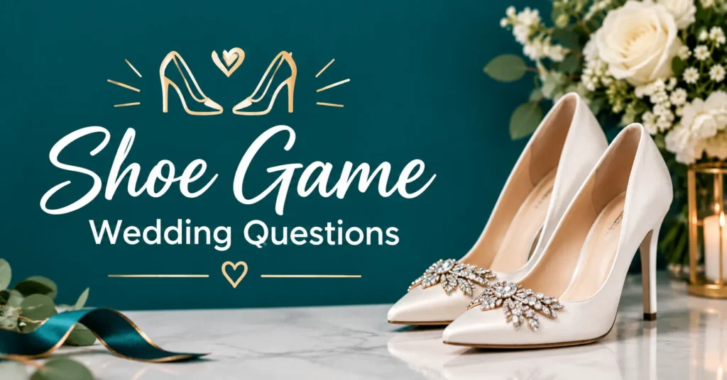 Elegant ivory bridal heels with jeweled details beside a “Shoe Game Wedding Questions” sign, white flowers, and teal wedding décor.