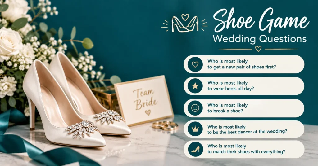 Wedding shoe game infographic featuring ivory bridal heels, wedding rings, floral décor, and fun shoe game questions on a teal background.