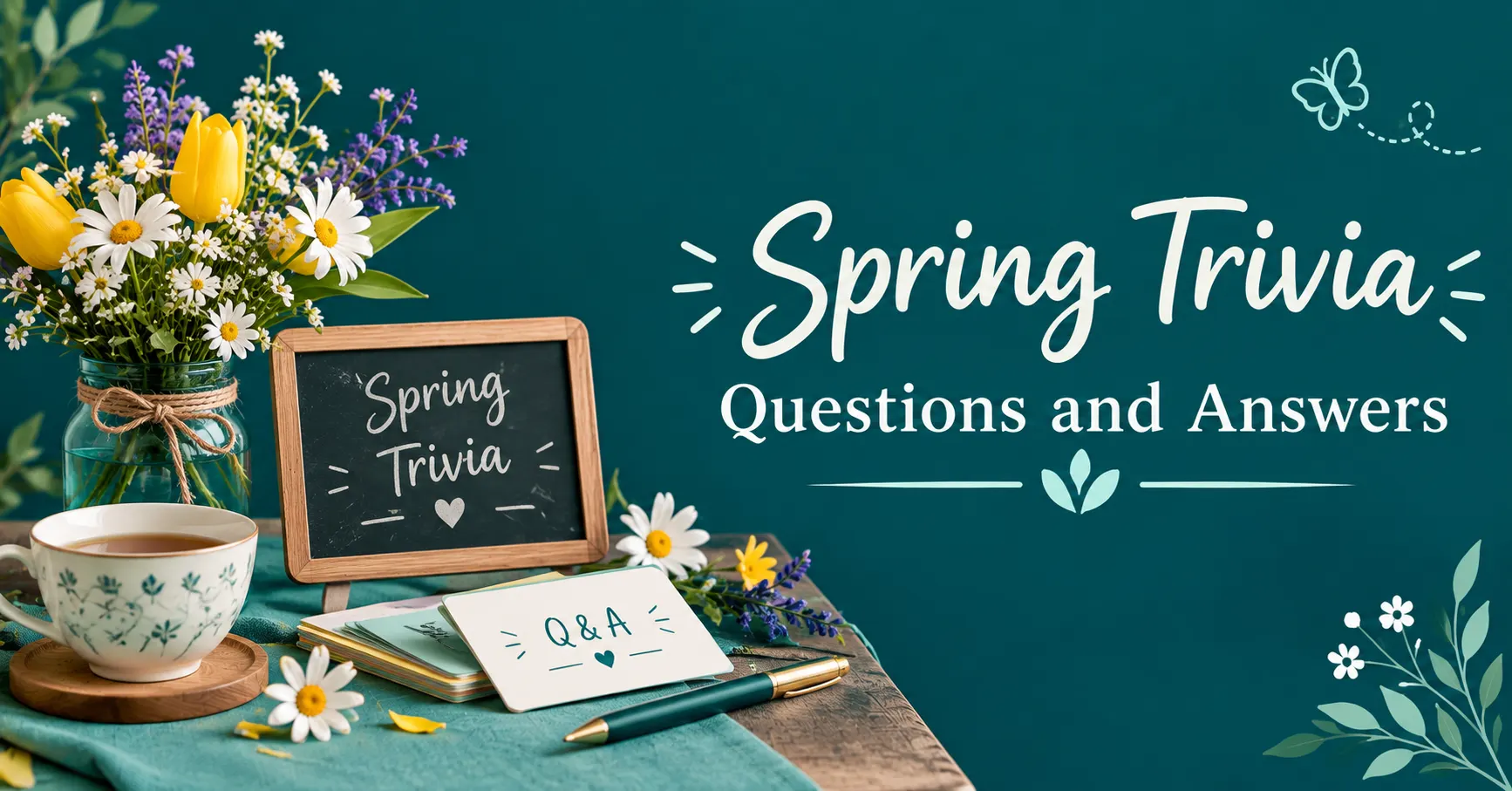 Spring trivia questions and answers with tulips, daisies, a chalkboard, and Q&A cards.