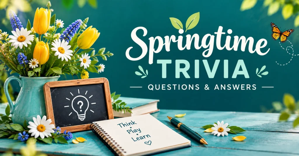Springtime trivia questions and answers graphic with colorful flowers, butterfly, and teal background.
