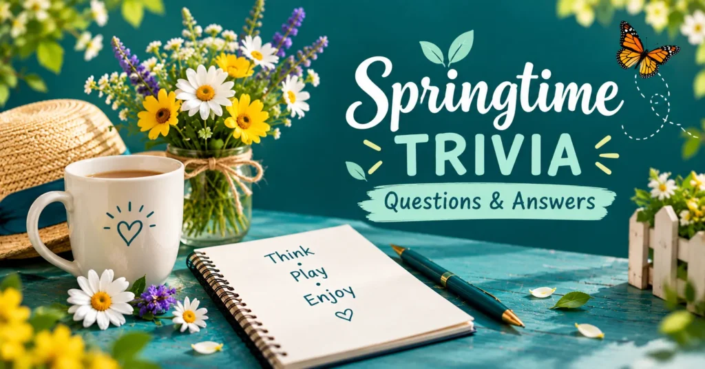 Springtime trivia questions and answers banner featuring a flower bouquet, tea cup, notebook, butterfly, and teal spring theme.