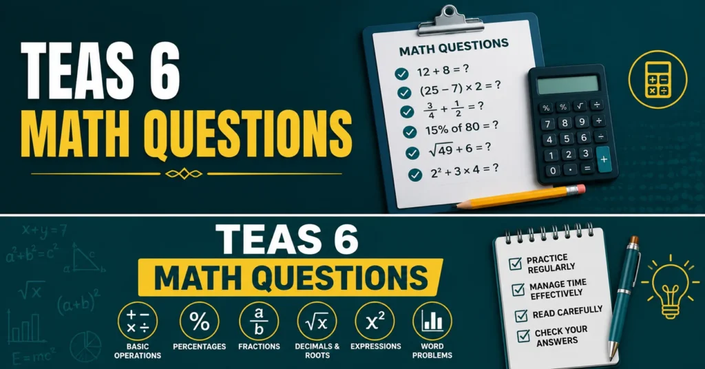 TEAS 6 math questions with calculator, practice problems, fractions, percentages, decimals, and basic math operations