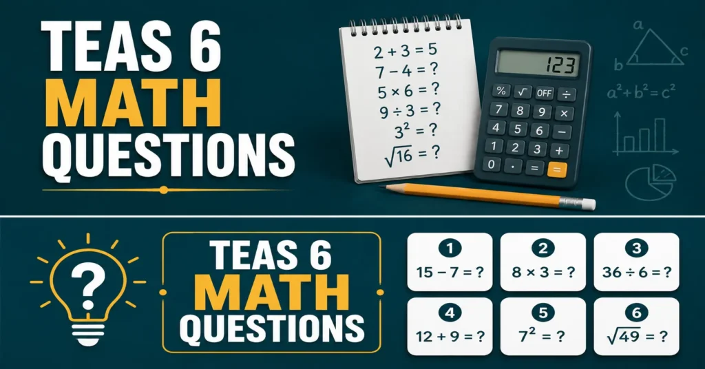 TEAS 6 math questions practice with calculator, sample equations, arithmetic problems, and math question examples