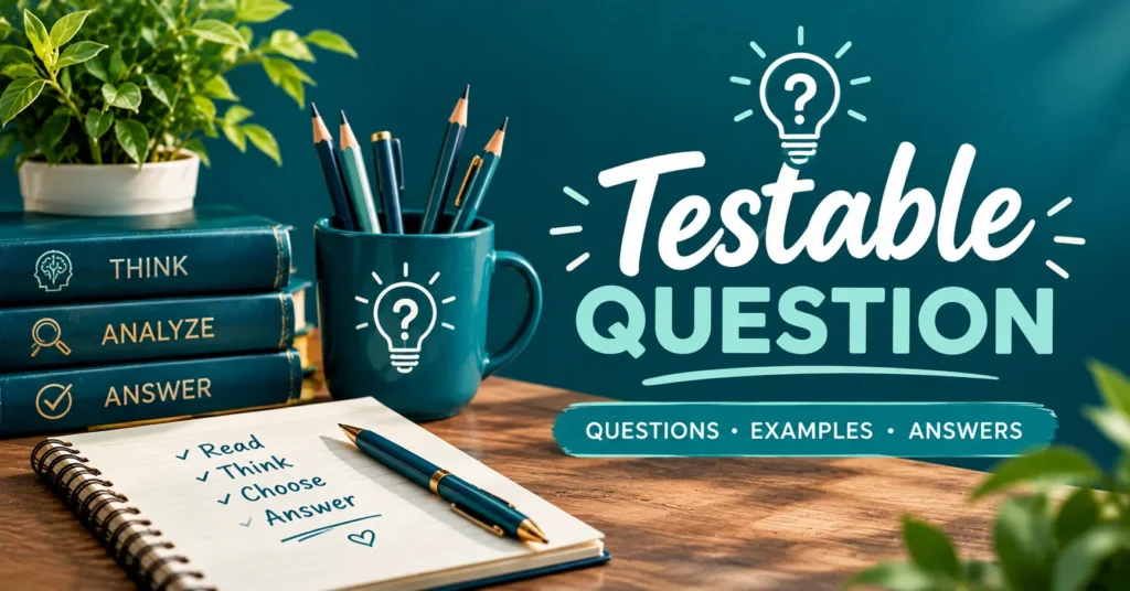 Testable question educational graphic with books, pencils, checklist notebook, lightbulb, and teal background.