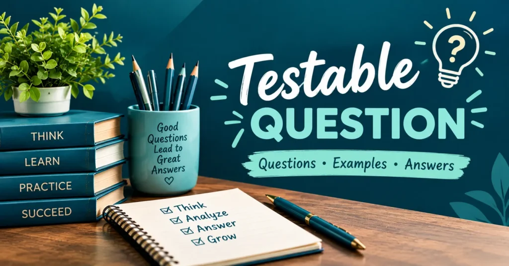 Testable question infographic featuring study books, pencils, question-mark lightbulb, checklist, and teal educational design.